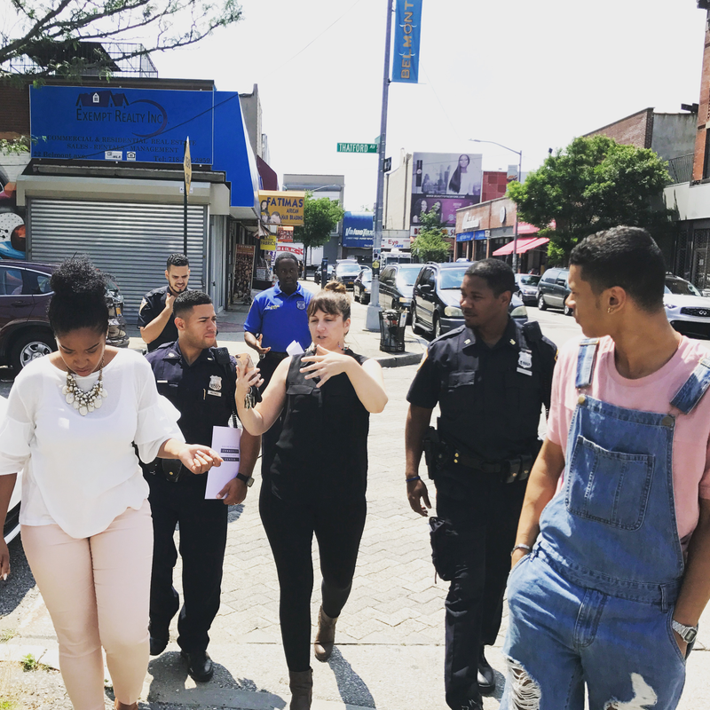 Uriah (far right) and officers taking a tour of Brownsville, Brooklyn, with the Brownsville Community Justice Center to learn about its crime-prevention-through-environmental-design projects. (Dana Rachlin/NYC Together)